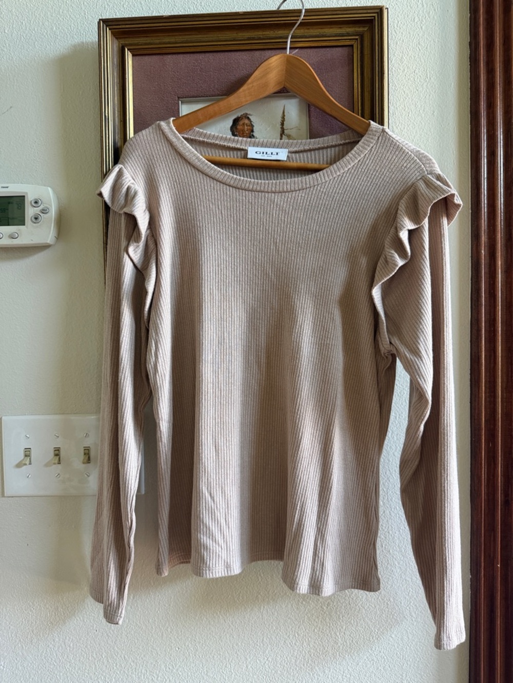 Gilli Ribbed Long-Sleeve Top with Ruffle Shoulders - Picture 1 of 5
